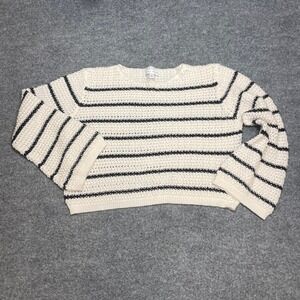 MIOU MUSE Crochet Bell Sleeve Striped Cream Black Sweater Top Medium Nautical
